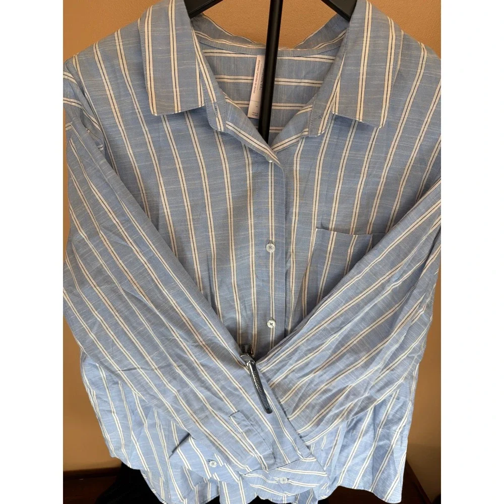 Auden Blue White Striped Long Sleeve Pajama Top Button‎ Down Sleep Shirt Large
